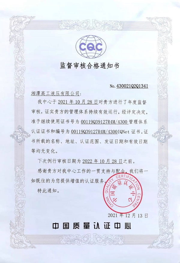 公司通过ISO9001:2015质量管理体系监督审核认证